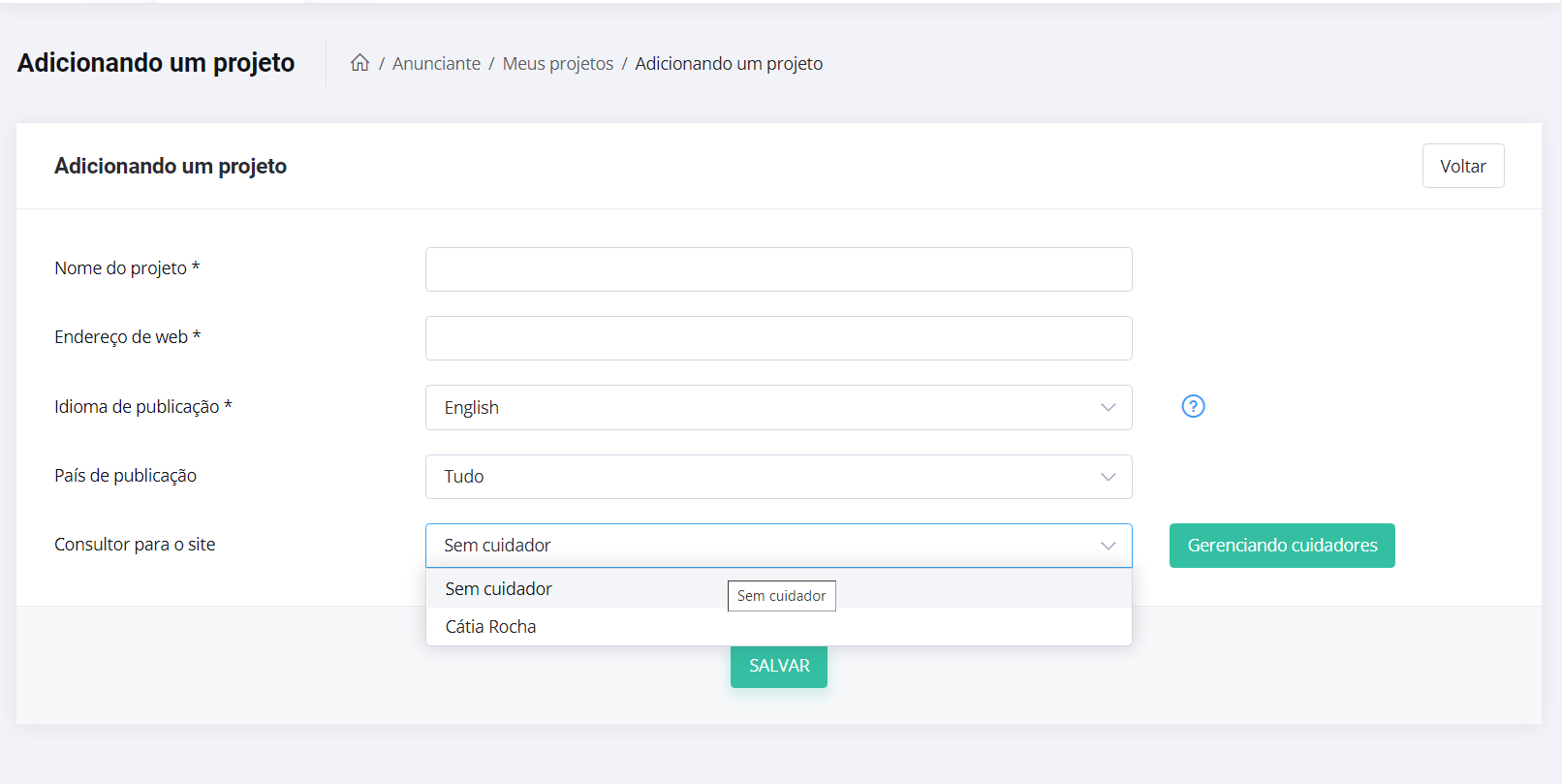 Designar pessoa para um projeto ou portal - Captura de ecrã