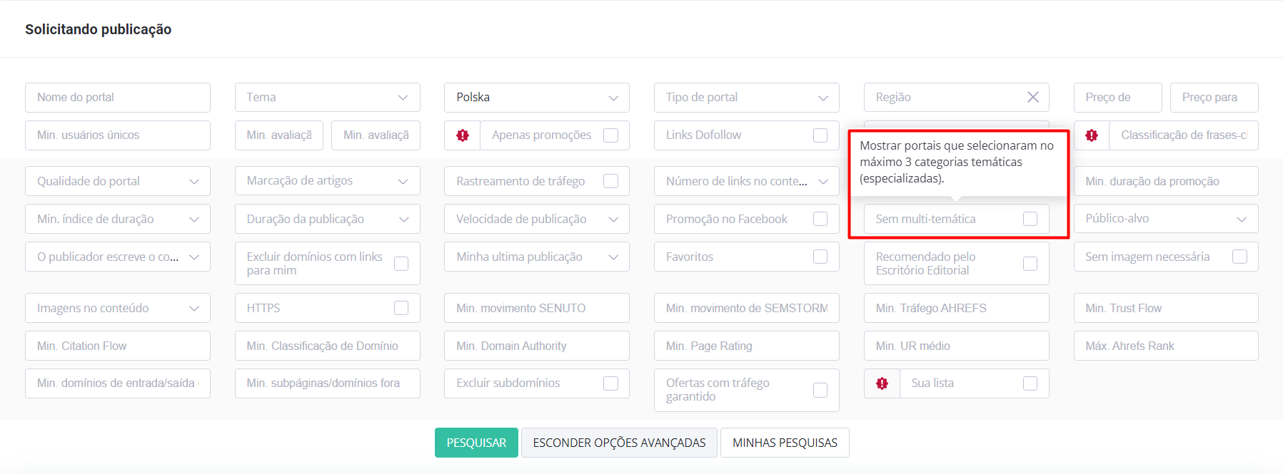 Filtrar portais com opções avançadas - captura de ecrã