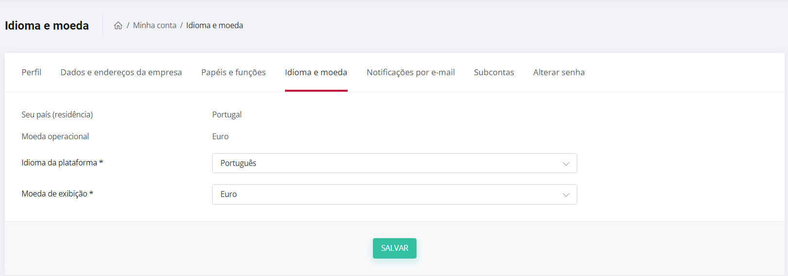 Definir idioma e moeda - Captura de ecrã