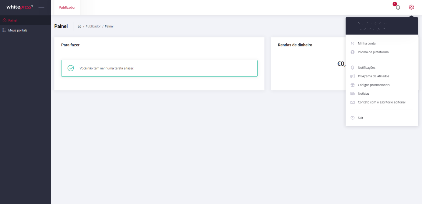 A minha conta WhitePress - Captura de ecrã