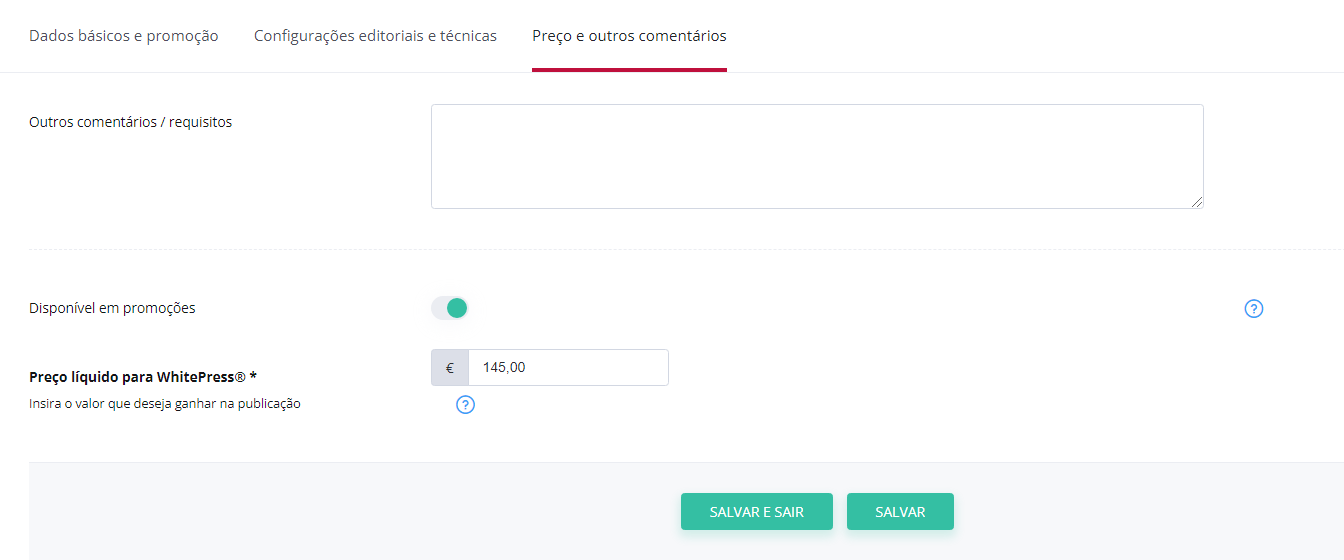 Adicionar preços e outros comentários ao portal - captura de ecrã