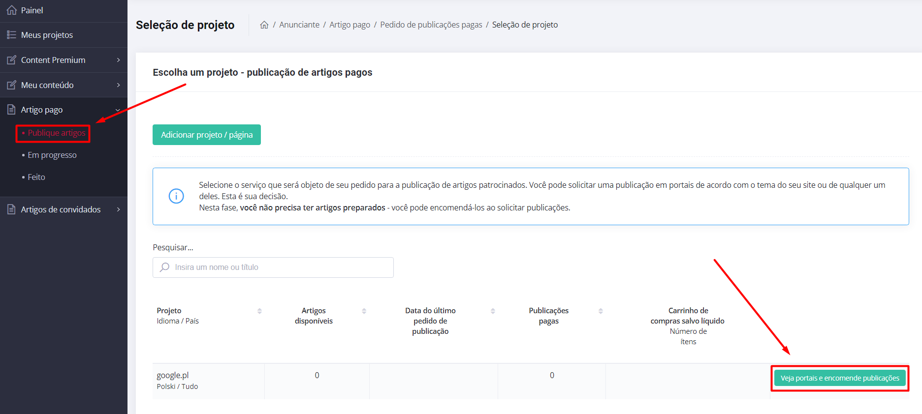 Publicação de artigos pagos - Captura de ecrã