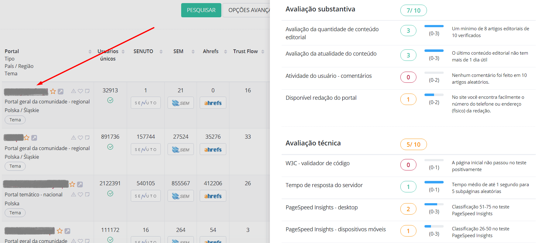 Verificar a avaliação técnica do portal - Captura de ecrã