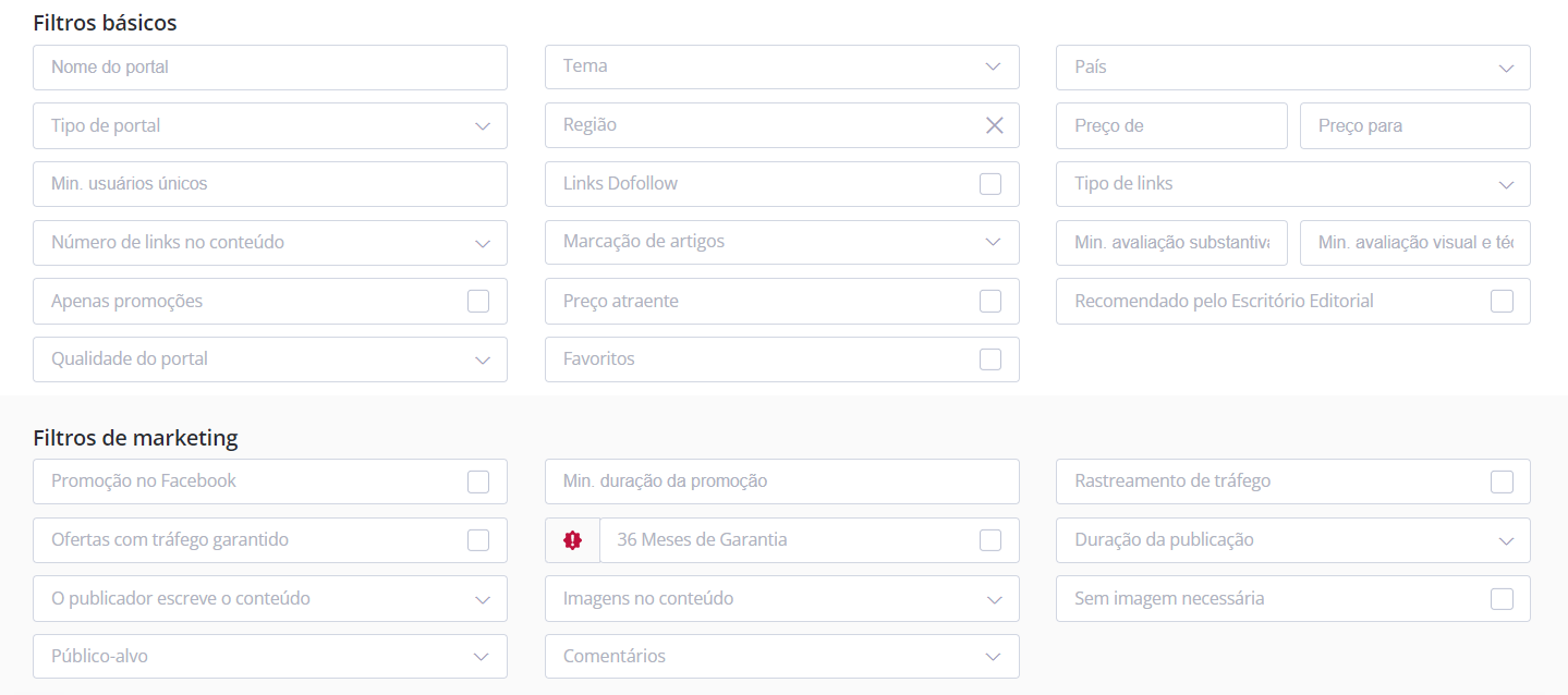 Filtros básicos de marketing