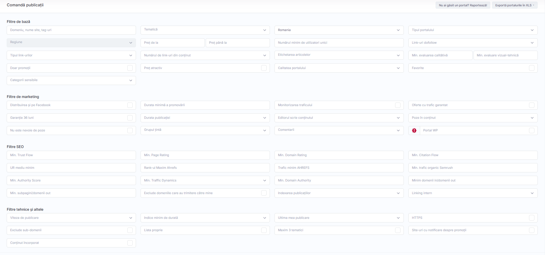 comandarea publicatiilor filtru extins
