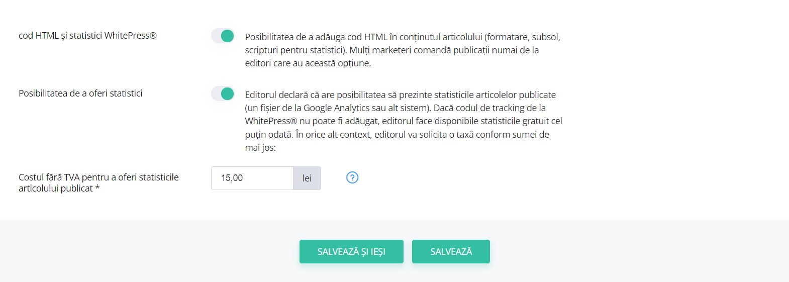 Statistic settings for publishers - screen from the platform