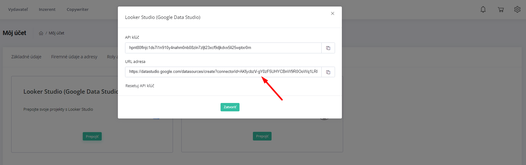 API kľúč a URL adresa na integráciu s Looker Studio