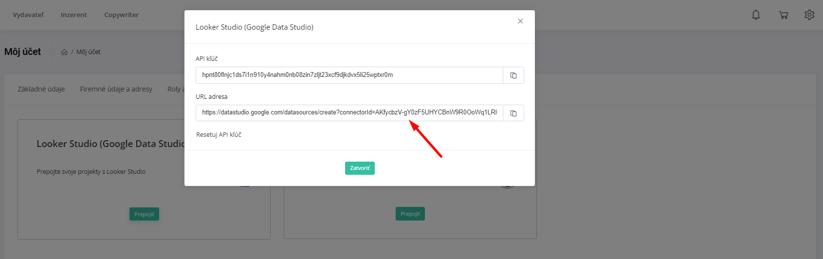 API kľúč a URL adresa na integráciu s Looker Studio