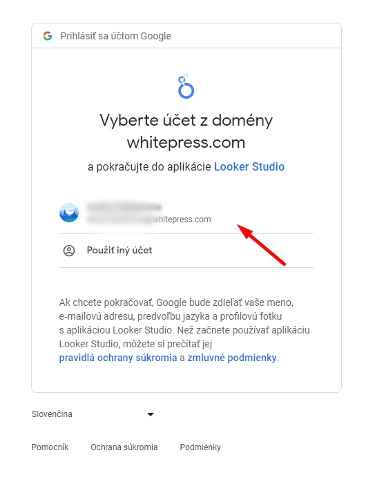 Výber účtu na prepojenie s Looker Studio