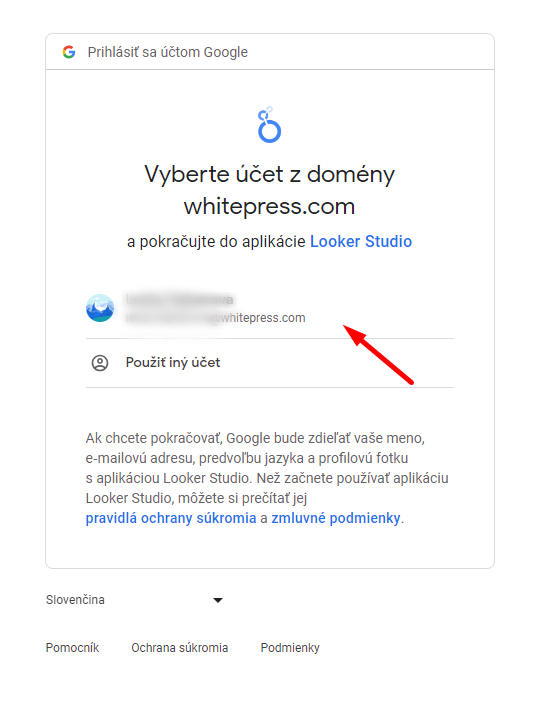Výber účtu na prepojenie s Looker Studio