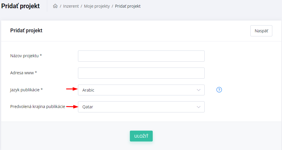 Nastavenia projektu v platforme