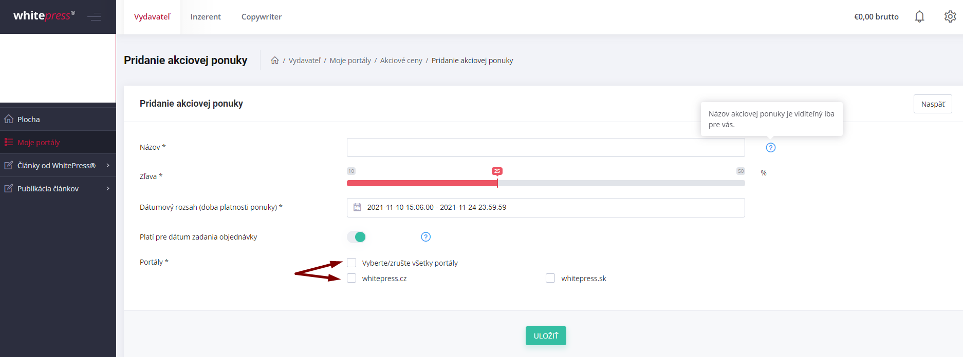WhitePress - Nastavenie akciovej ceny pre jeden alebo viac portalov