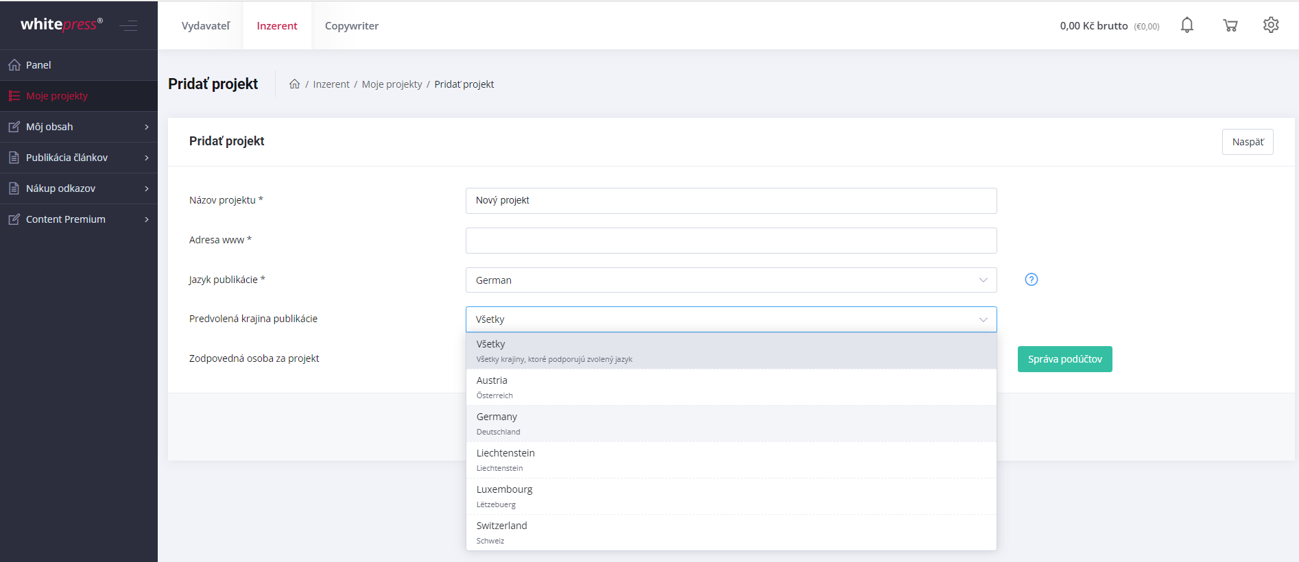Vytvorenie nemeckého projektu v platforme WhitePress®