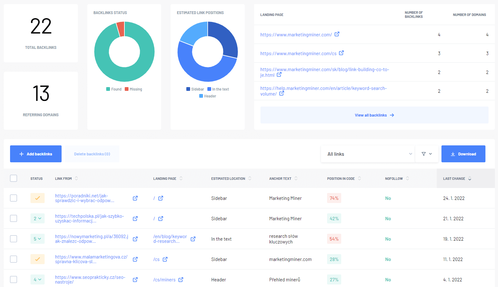 Marketing Miner - ukážka rozhrania