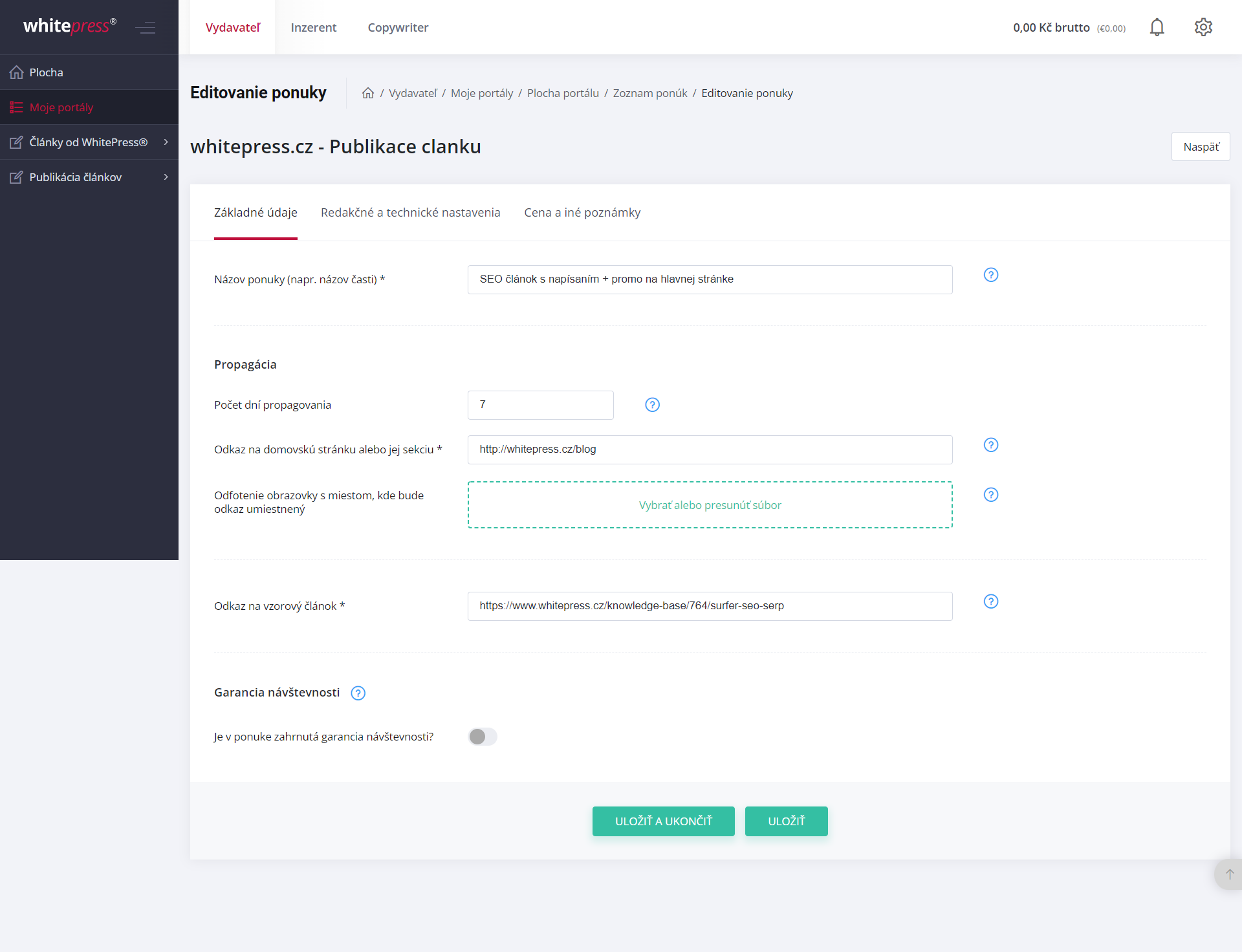 Základné nastavenia ponuky v platforme WhitePress