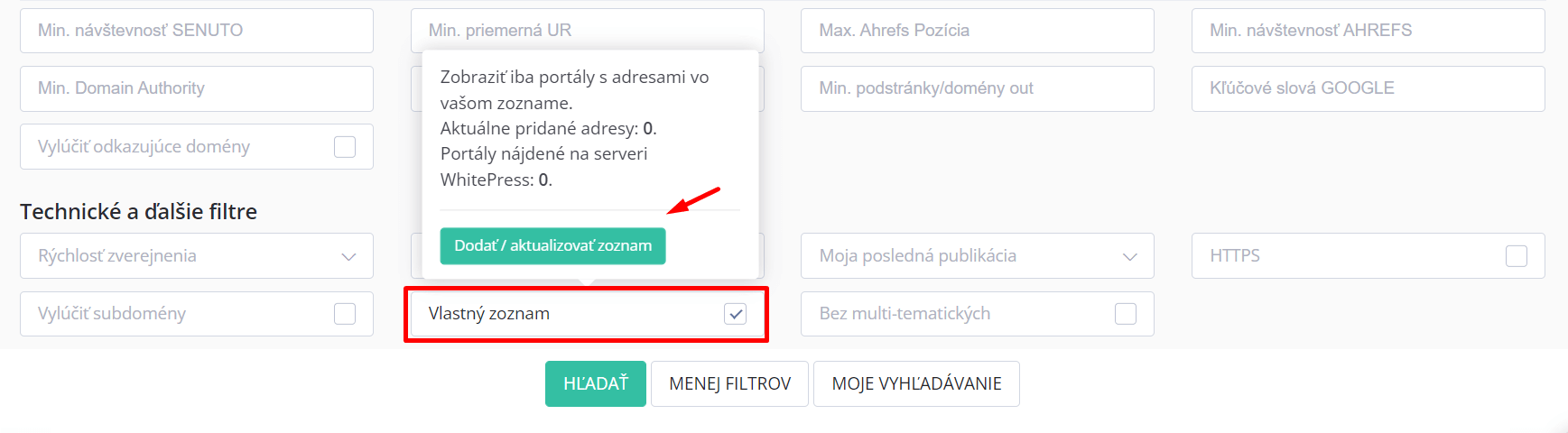 Vlastný zoznam filter