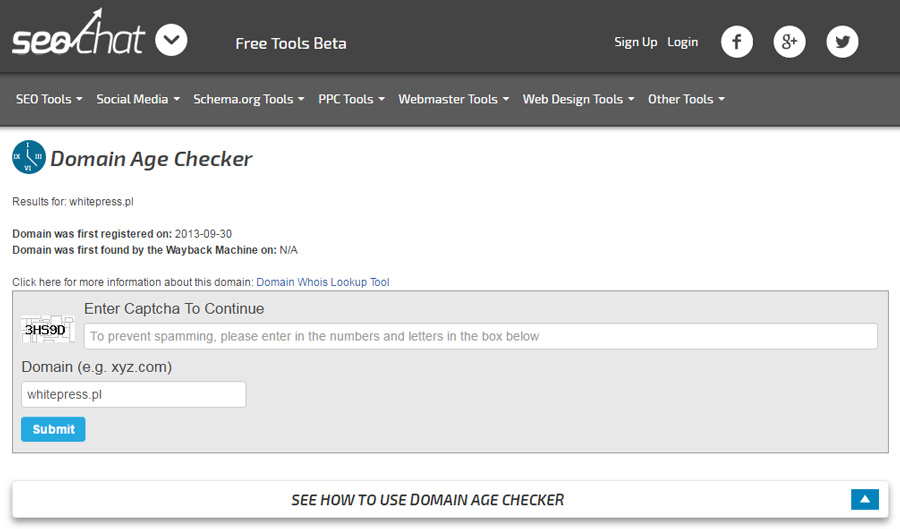Podgląd strony SeoChat - narzędzia umożliwiającego sprawdzenie wieku domeny