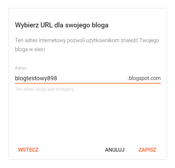 Wybór adresu bloga - Blogger.com