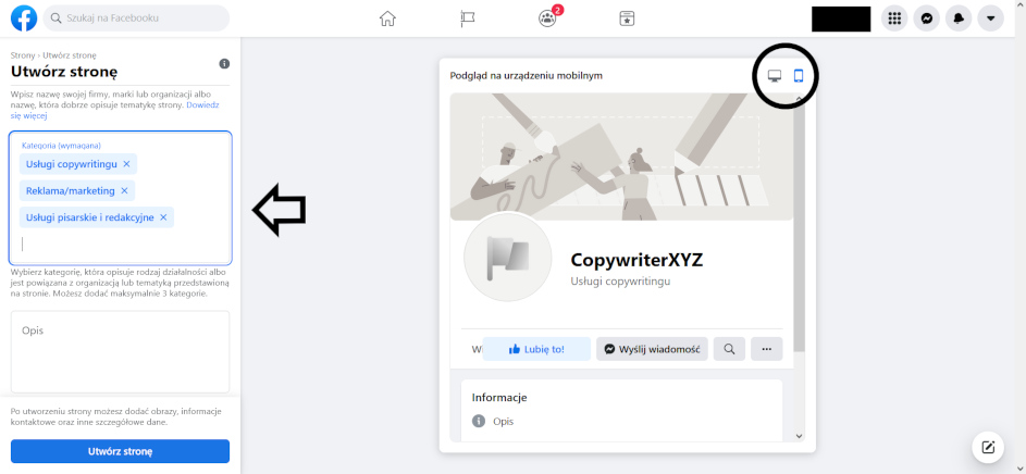Kategoria strony na FB - podgląd na urządzeniu mobilnym
