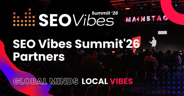 Futuristic graphic with mountains and the text: SEO Vibes Summit partners